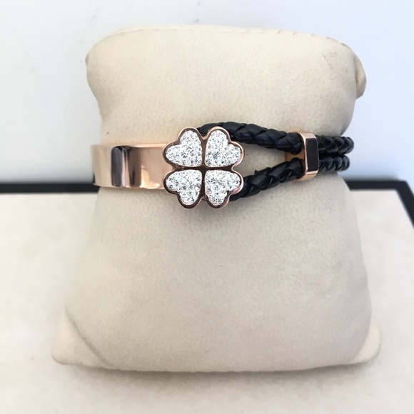Four Leaf Clover Rose Gold Cz Leather Bracelet - Picture 3 of 10